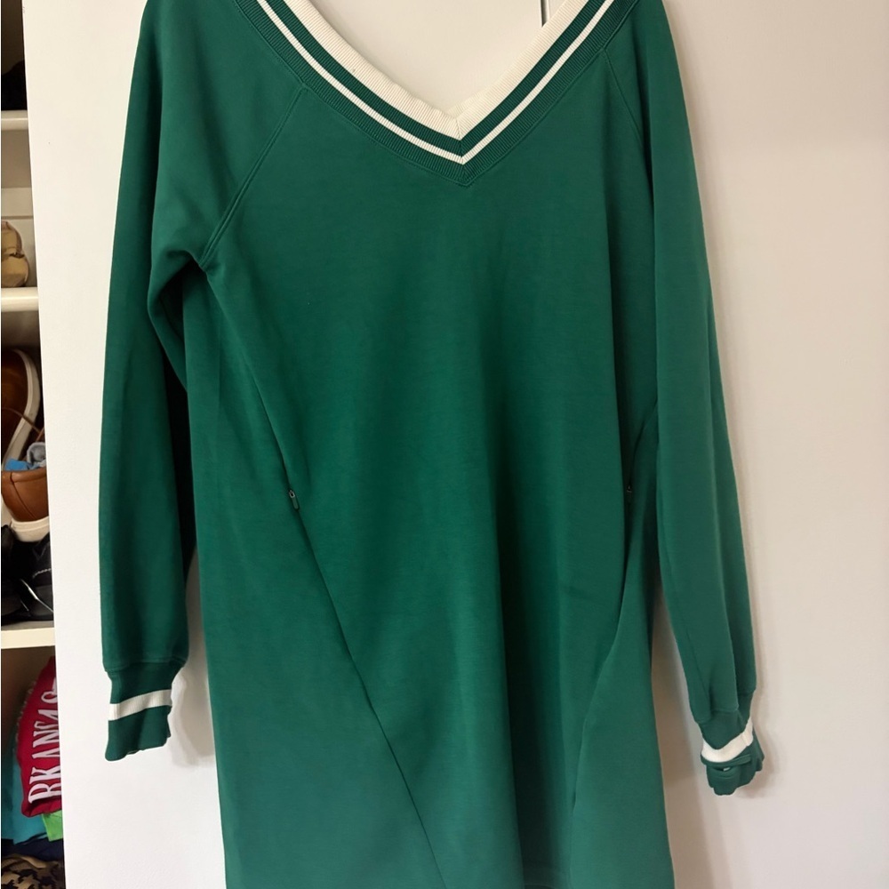 Green V-Neck Long Sleeve Dress with White Stripe Trim - Picture 3 of 6